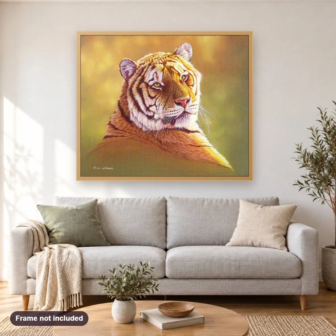 Taiga Tiger Study diamond painting shown framed on a living room wall above a sofa