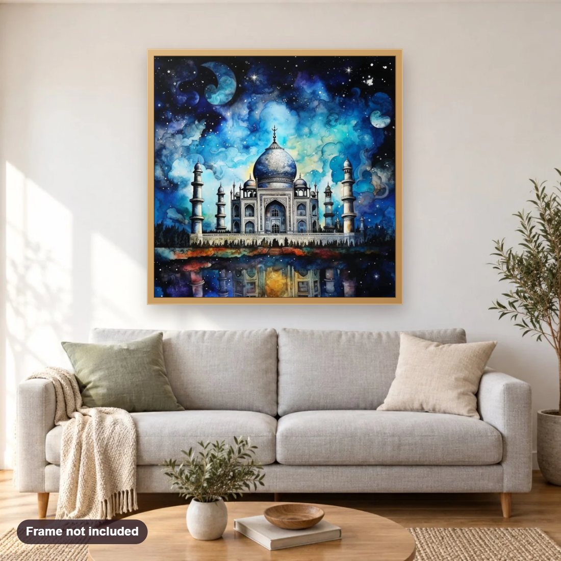 Taj Mahal diamond painting shown framed on a living room wall above a sofa