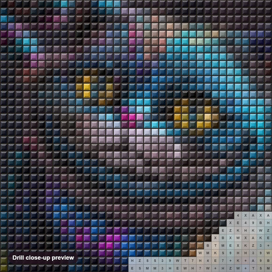 Close-up preview of the Terrifying Cat diamond painting with square 5D drills and printed canvas symbols