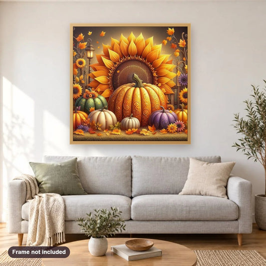 Thanksgiving Pumpkin Sunflower diamond painting shown framed on a living room wall above a sofa