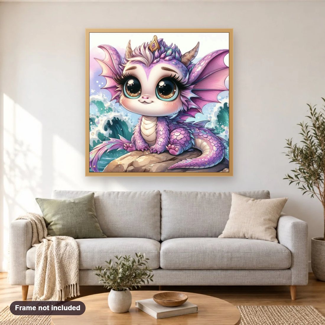 The Baby Magic Dragon diamond painting shown framed on a living room wall above a sofa