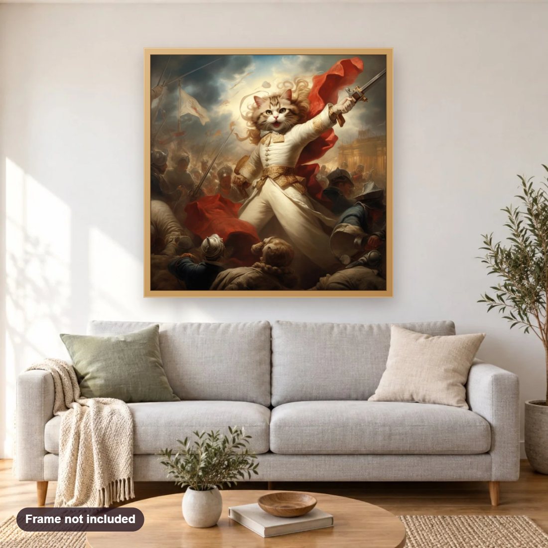 The Battle Has Just Begun diamond painting shown framed on a living room wall above a sofa