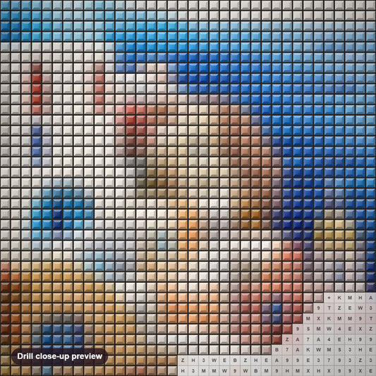 Close-up preview of the The Beauty of Santorini Island diamond painting with square 5D drills and printed canvas symbols