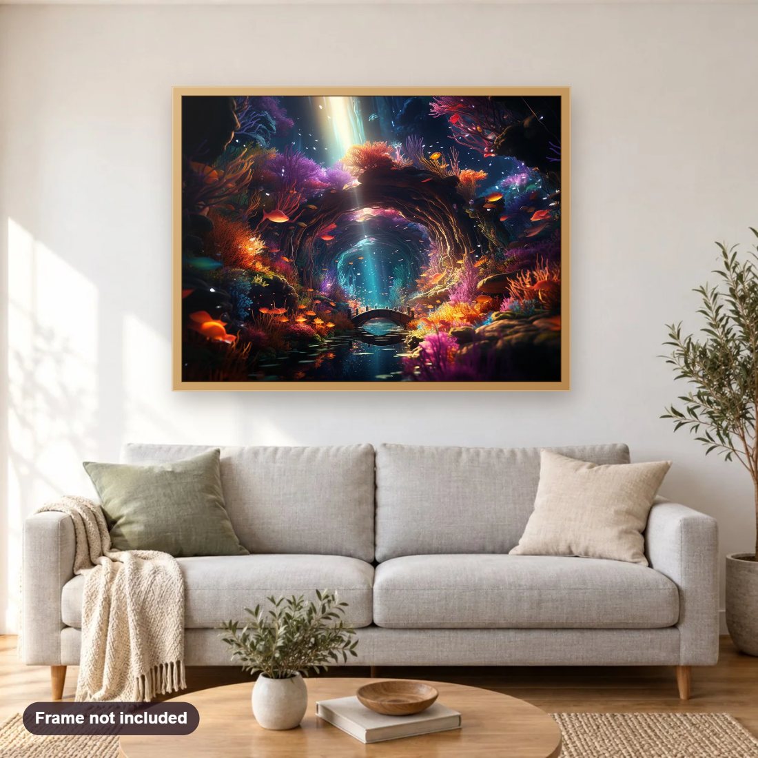 The Beauty of Under Water World diamond painting shown framed on a living room wall above a sofa