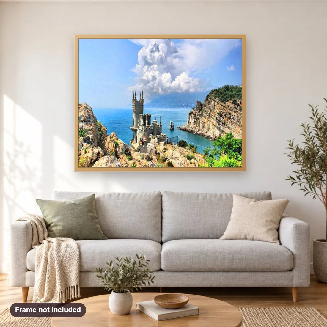 The Best Resort of Crimea diamond painting shown framed on a living room wall above a sofa