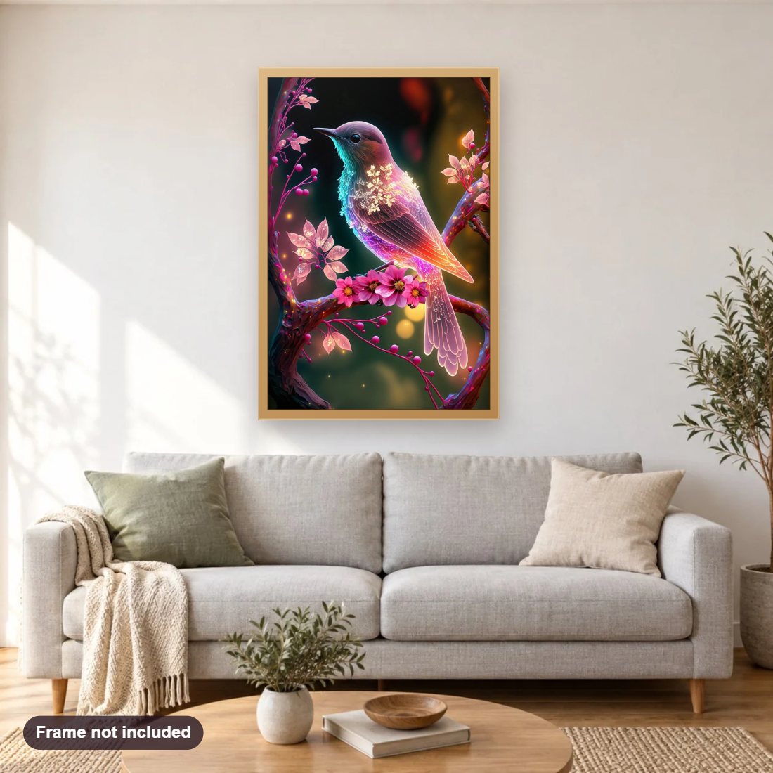 The Bird of Good Fortune diamond painting shown framed on a living room wall above a sofa