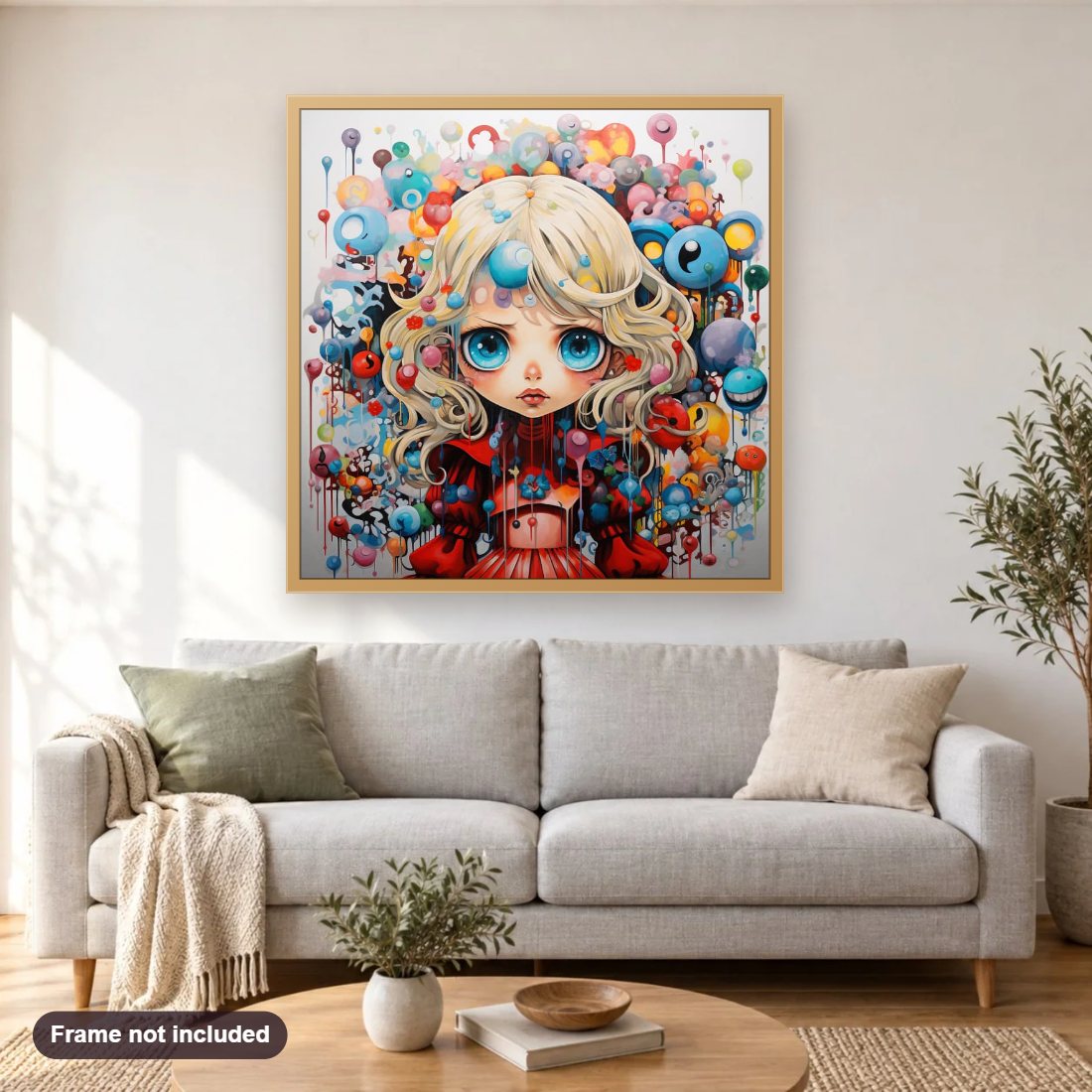 The Color Explosion diamond painting shown framed on a living room wall above a sofa