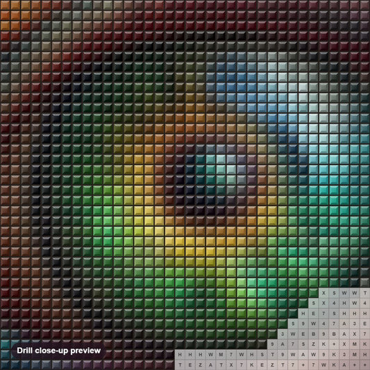 Close-up preview of the The Colorful Eye's Brilliance diamond painting with square 5D drills and printed canvas symbols