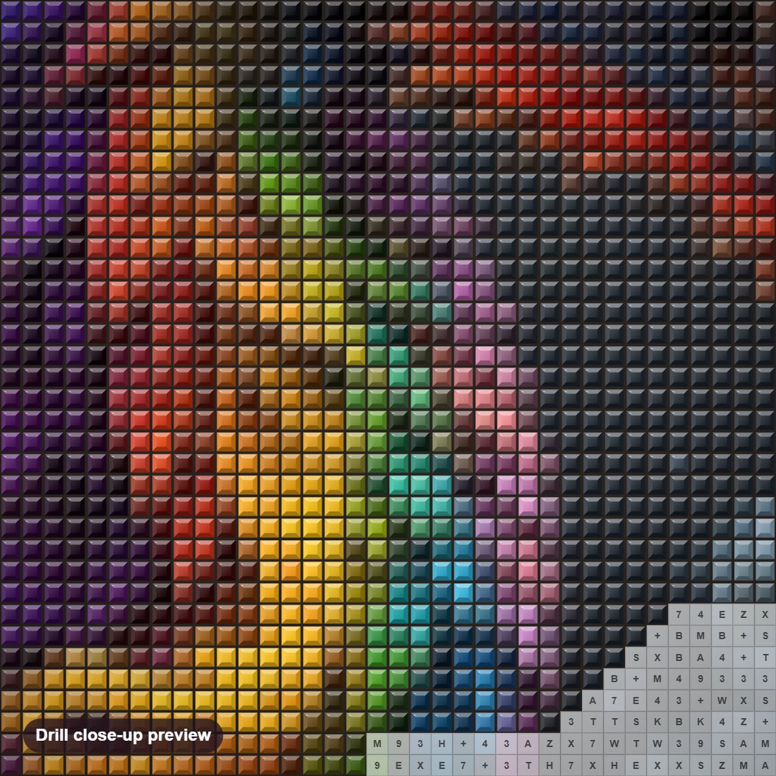 Close-up preview of the The Colorful Guardian Dragon diamond painting with square 5D drills and printed canvas symbols