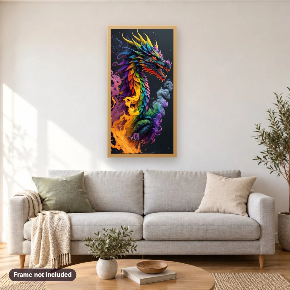 The Colorful Guardian Dragon diamond painting shown framed on a living room wall above a sofa