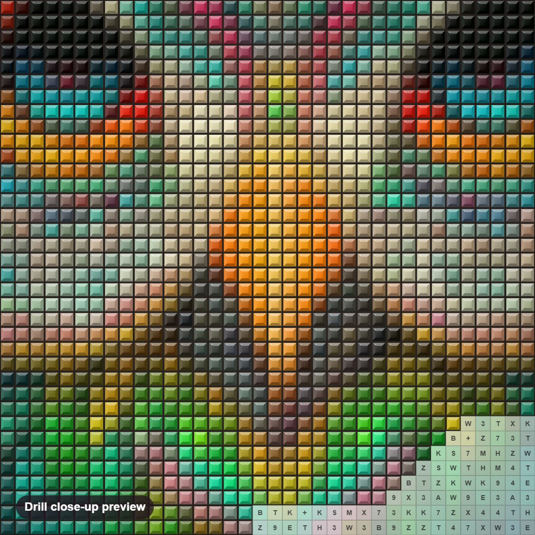 Close-up preview of the The Colorful Owl's Watchful Glance diamond painting with square 5D drills and printed canvas symbols