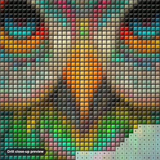 Close-up preview of the The Colorful Owl's Watchful Glance diamond painting with square 5D drills and printed canvas symbols