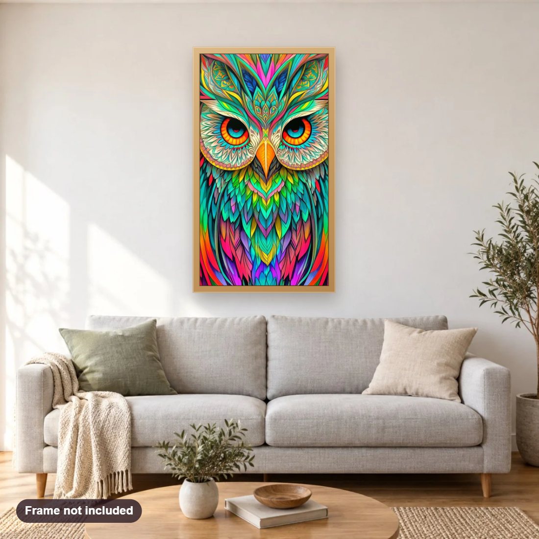 The Colorful Owl's Watchful Glance diamond painting shown framed on a living room wall above a sofa