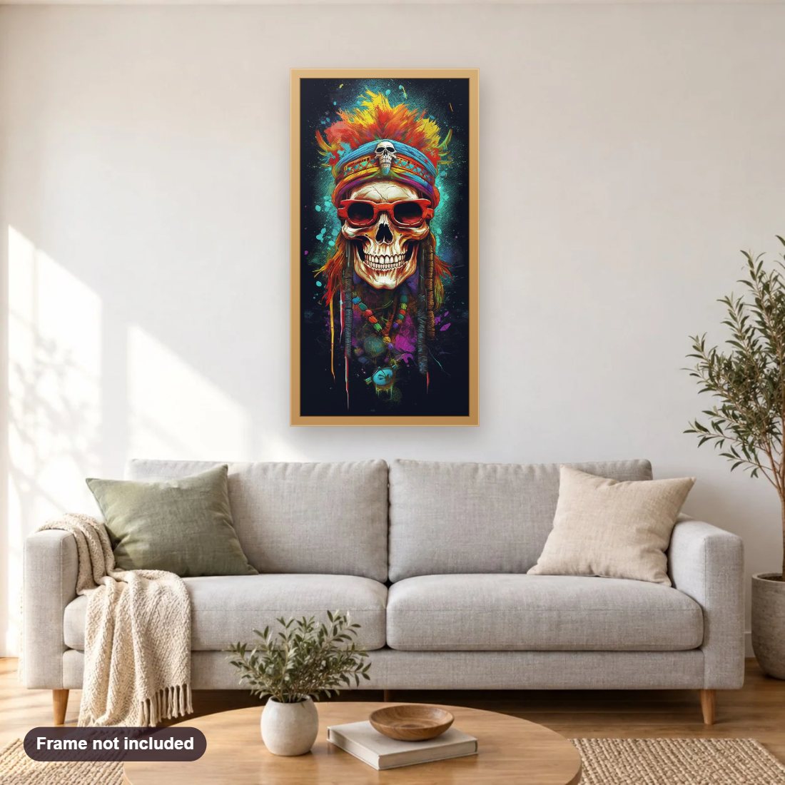 The Colorful Skull Art diamond painting shown framed on a living room wall above a sofa