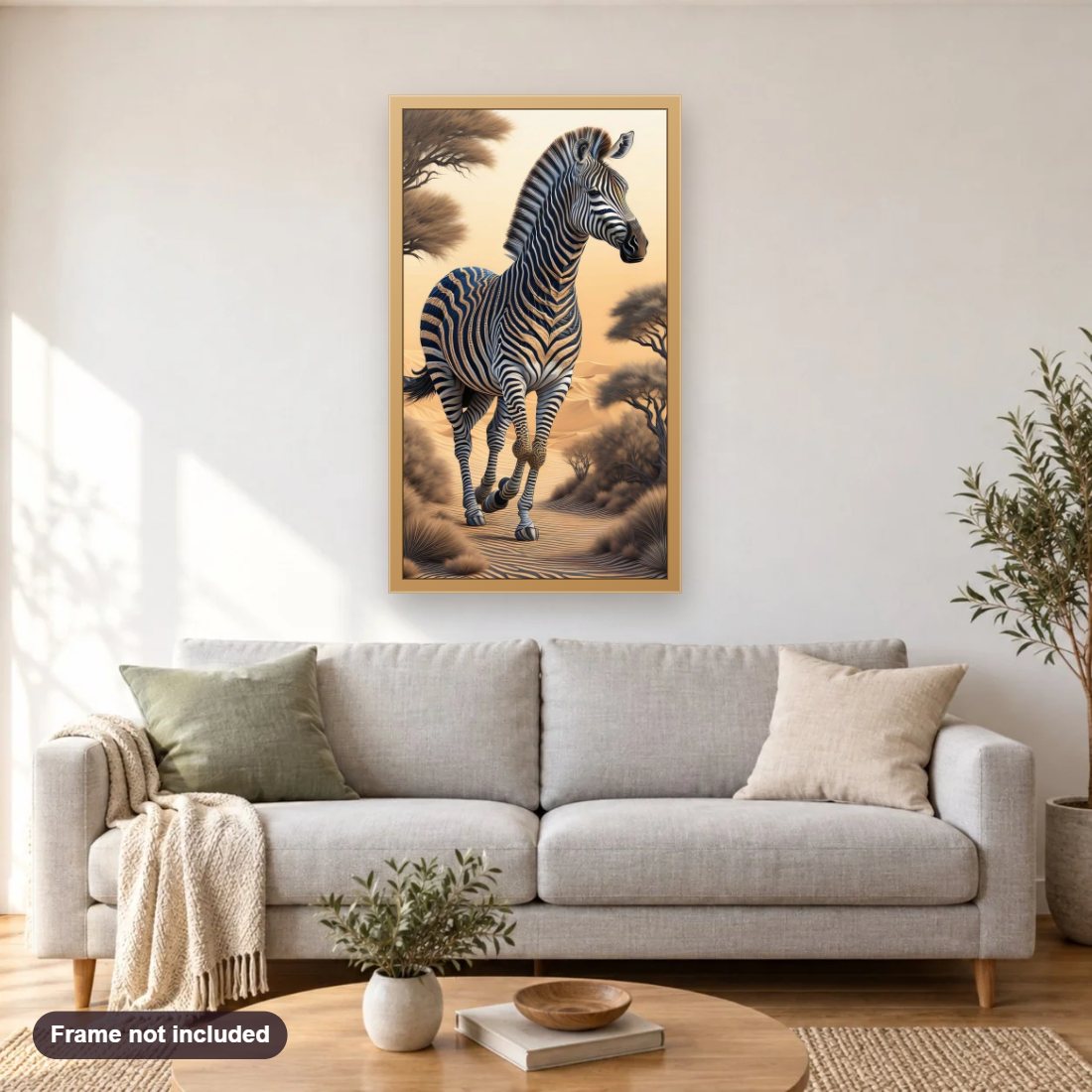 The Dazzling Beauty of Zebra diamond painting shown framed on a living room wall above a sofa