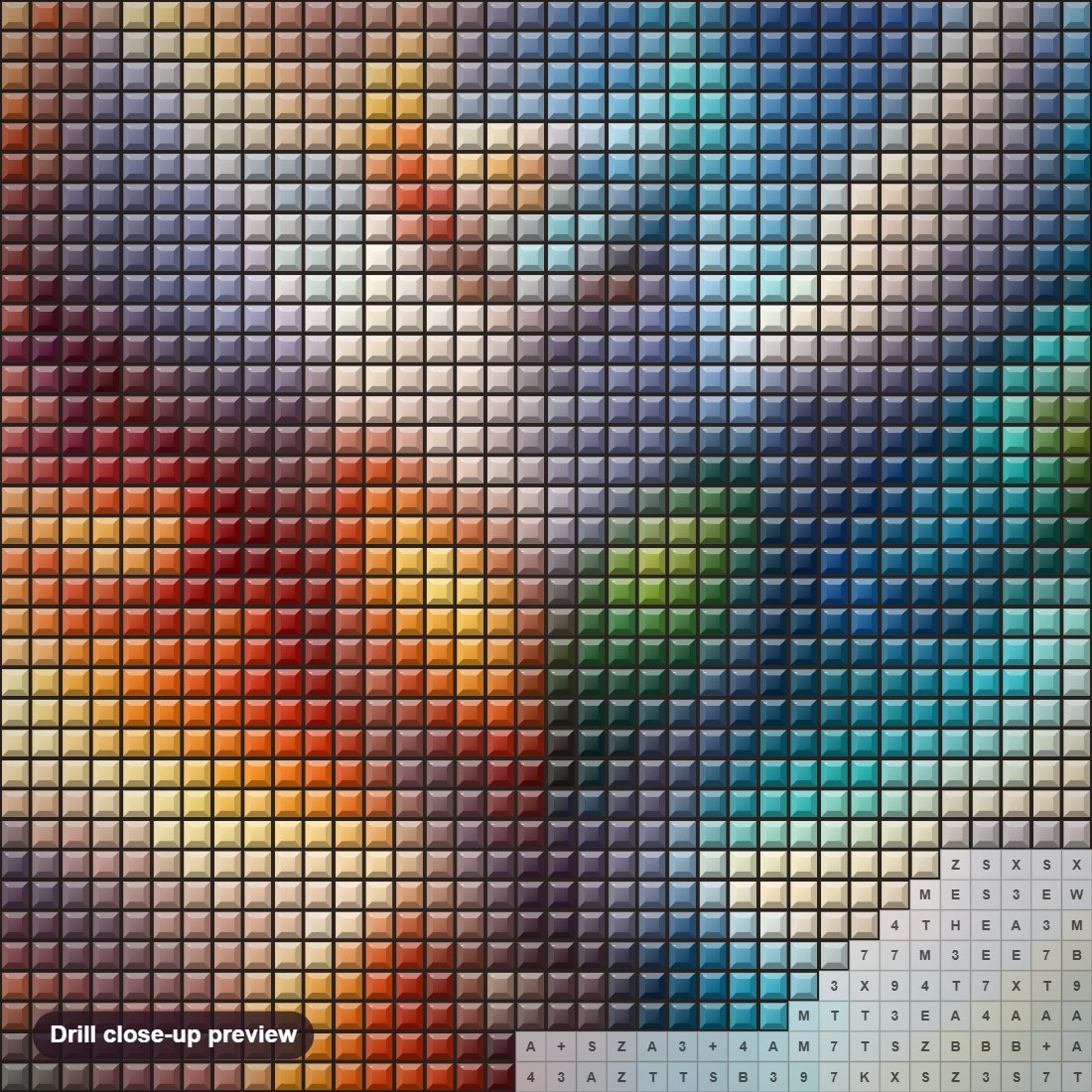 Close-up preview of the The Elemental Owl diamond painting with square 5D drills and printed canvas symbols