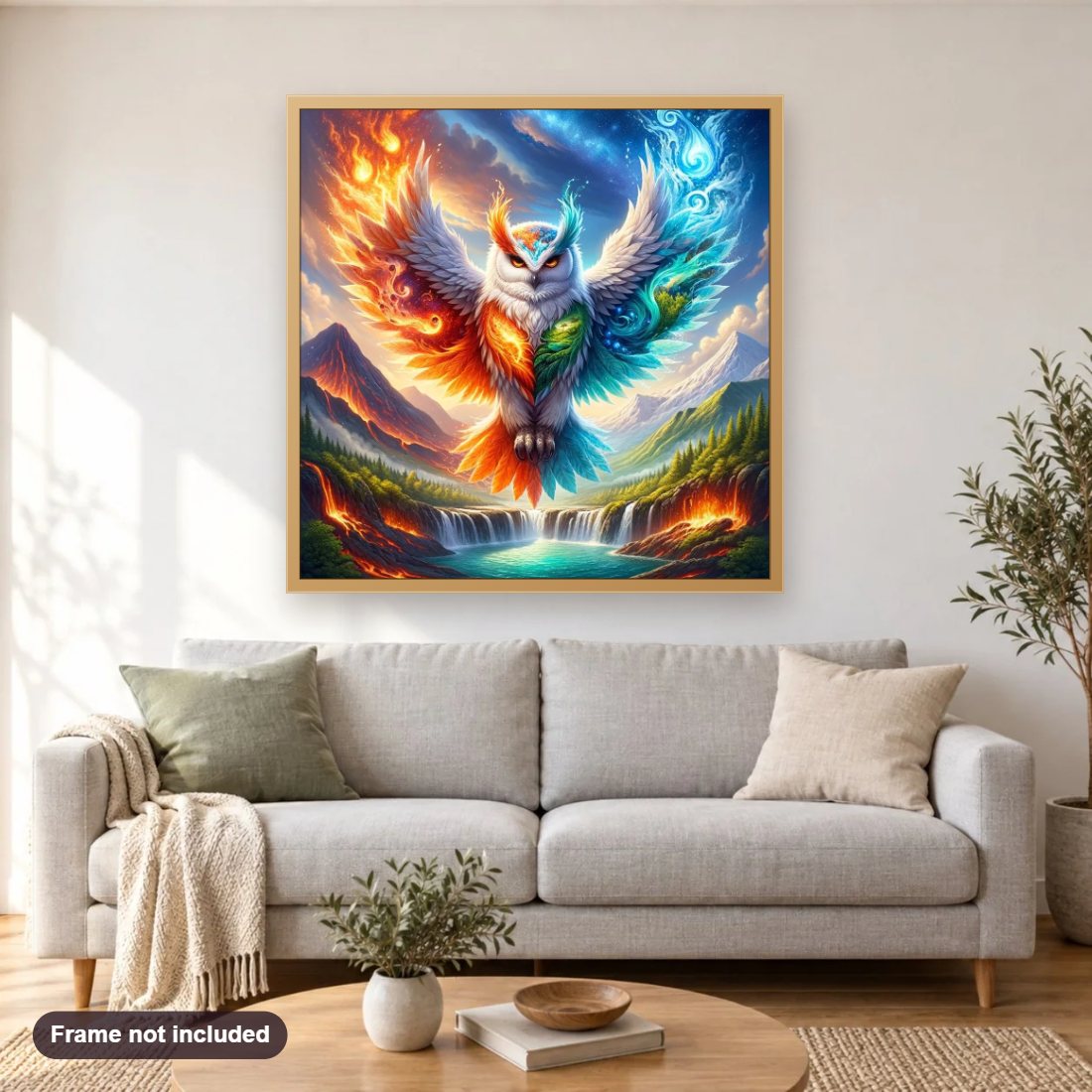 The Elemental Owl diamond painting shown framed on a living room wall above a sofa