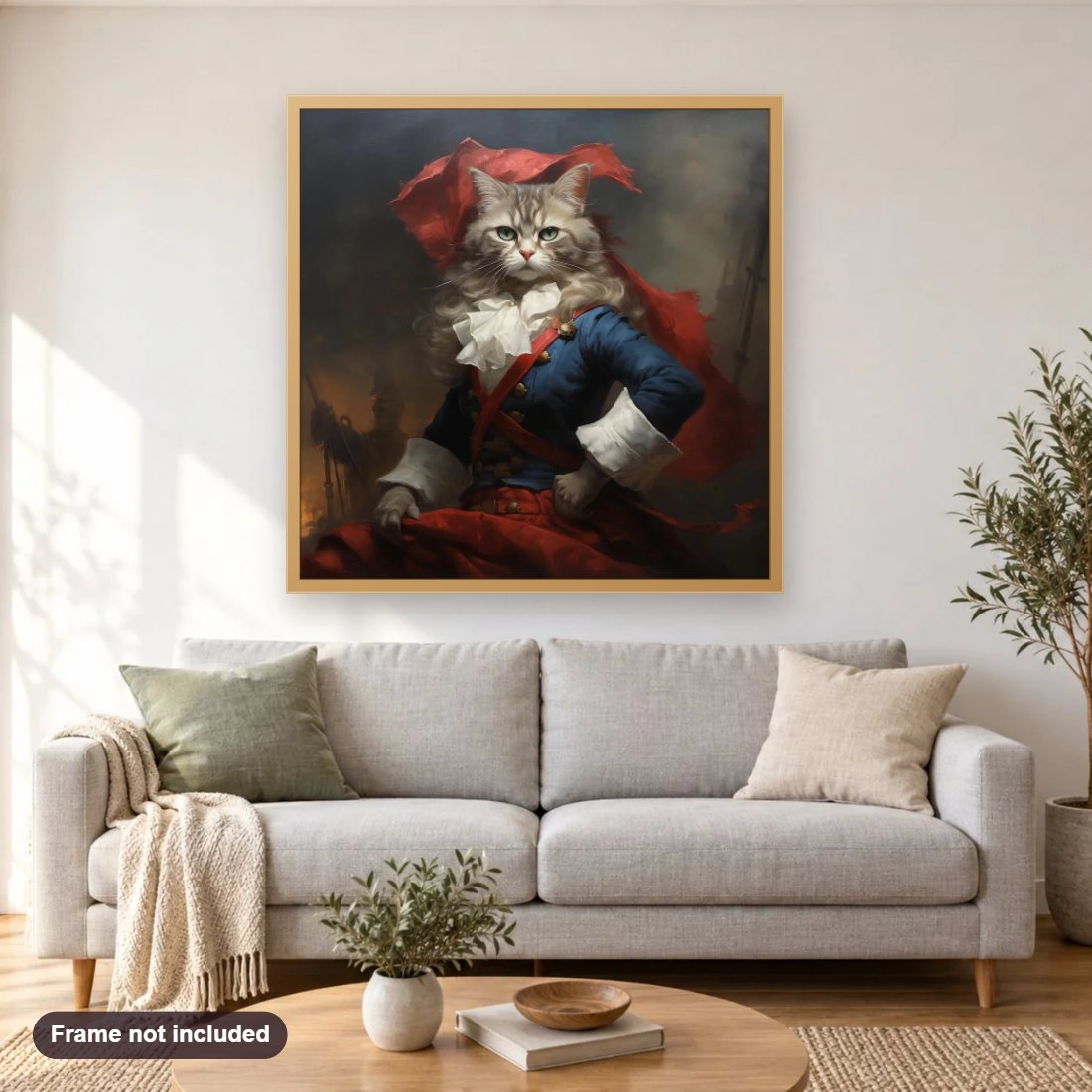 The Empress Cat Lady diamond painting shown framed on a living room wall above a sofa