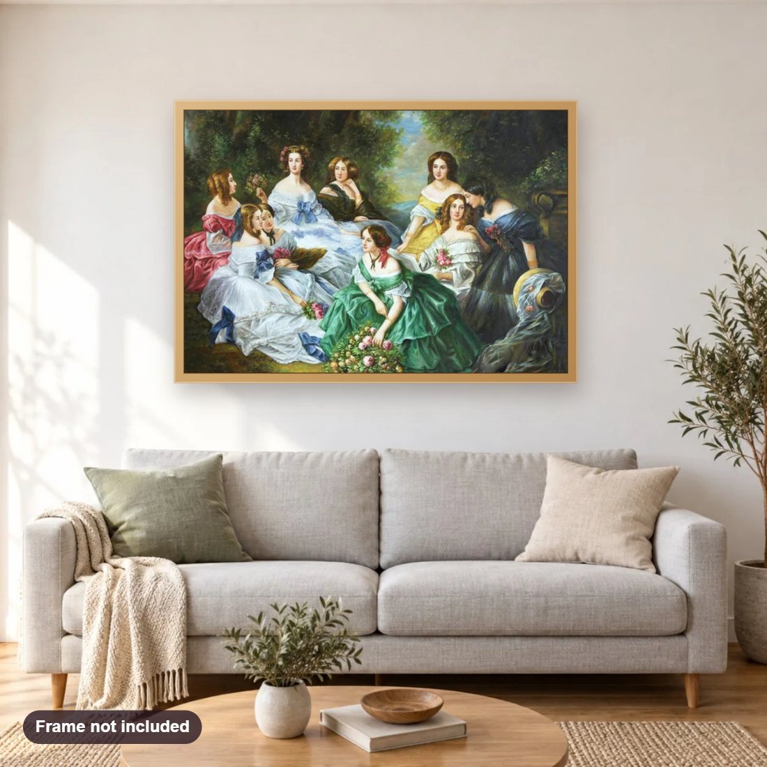 The Empress Eugénie Surrounded by her Ladies diamond painting shown framed on a living room wall above a sofa