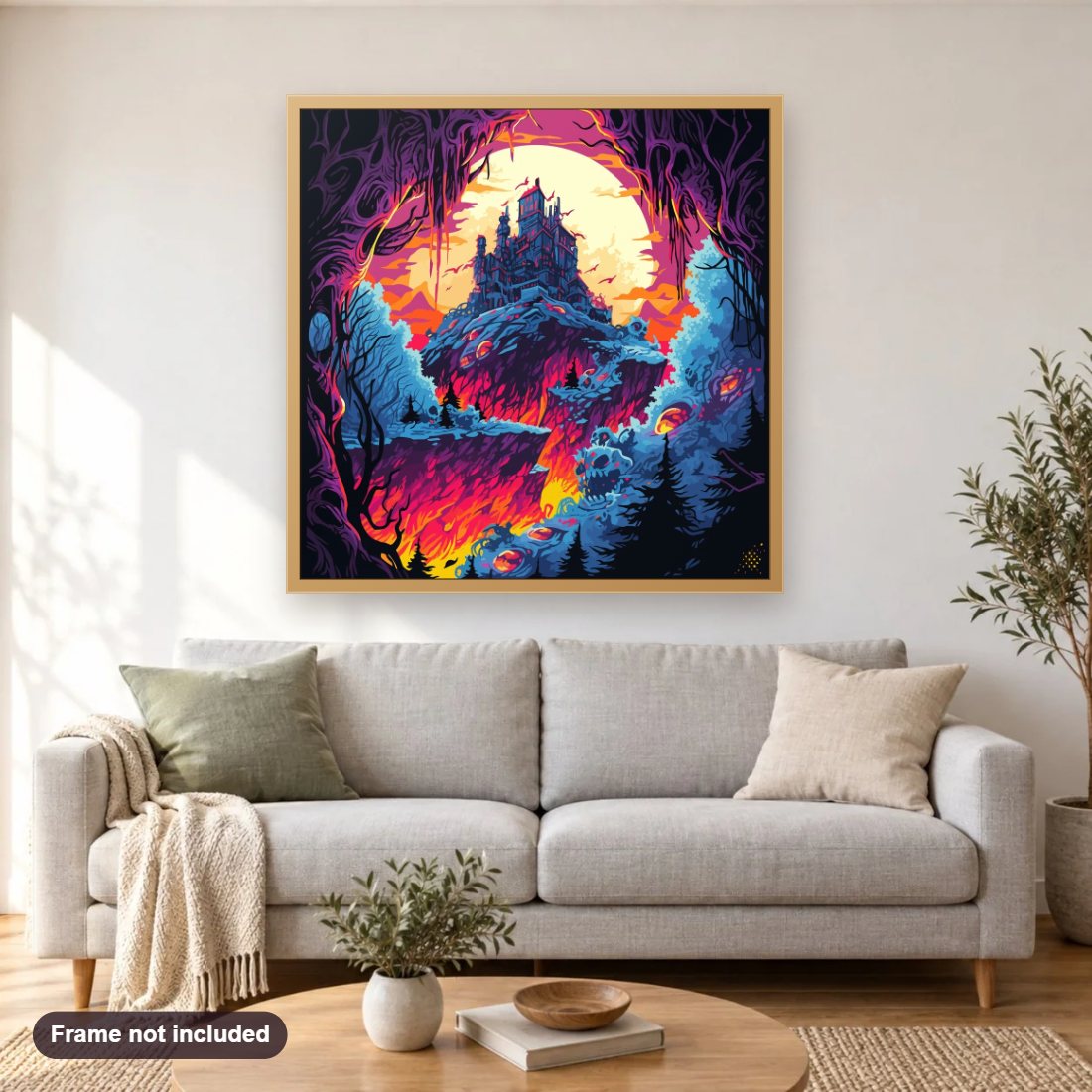 The Enchanted Palace diamond painting shown framed on a living room wall above a sofa
