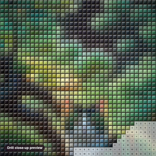 Close-up preview of the The Enigmatic Green Cat of the Forest diamond painting with square 5D drills and printed canvas symbols