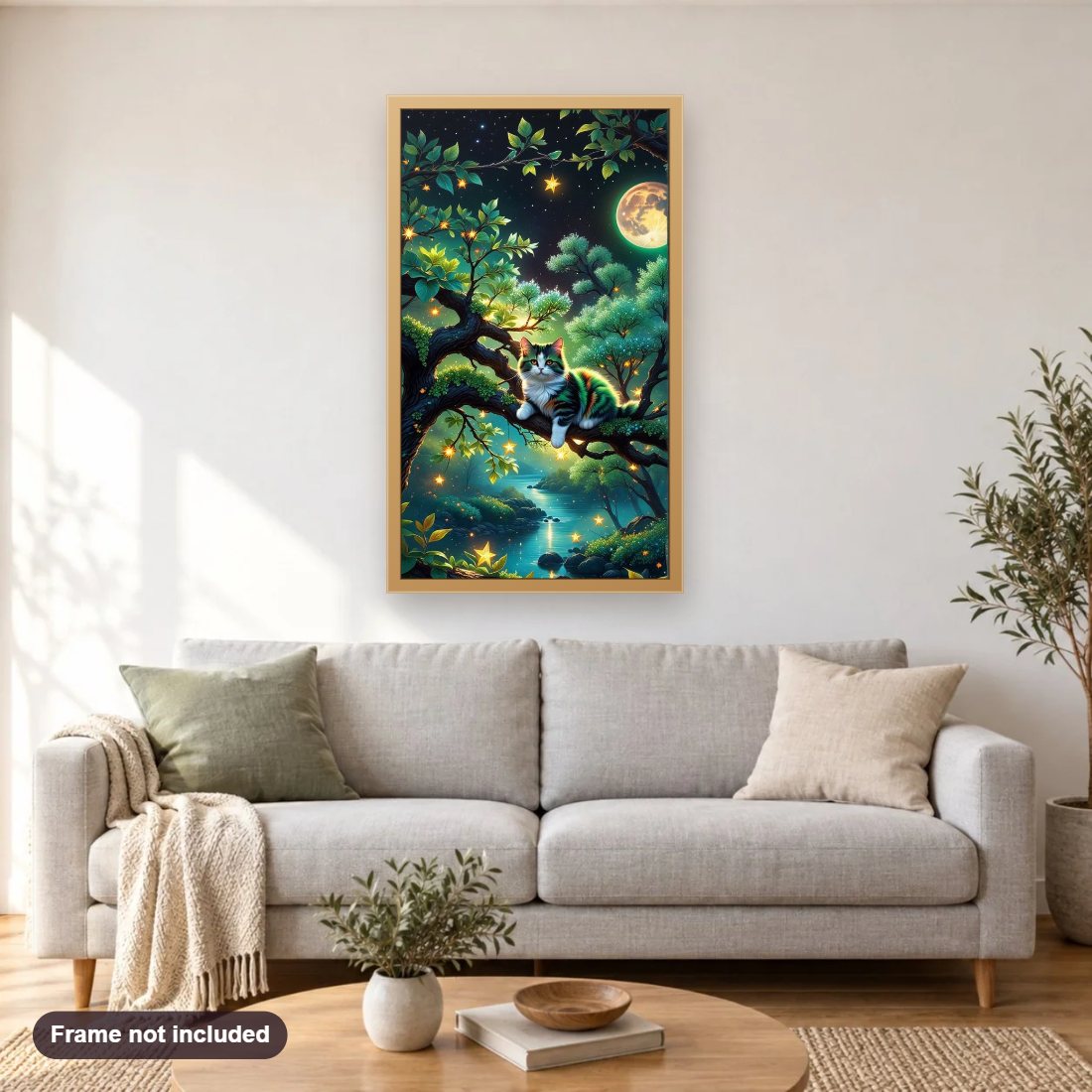 The Enigmatic Green Cat of the Forest diamond painting shown framed on a living room wall above a sofa