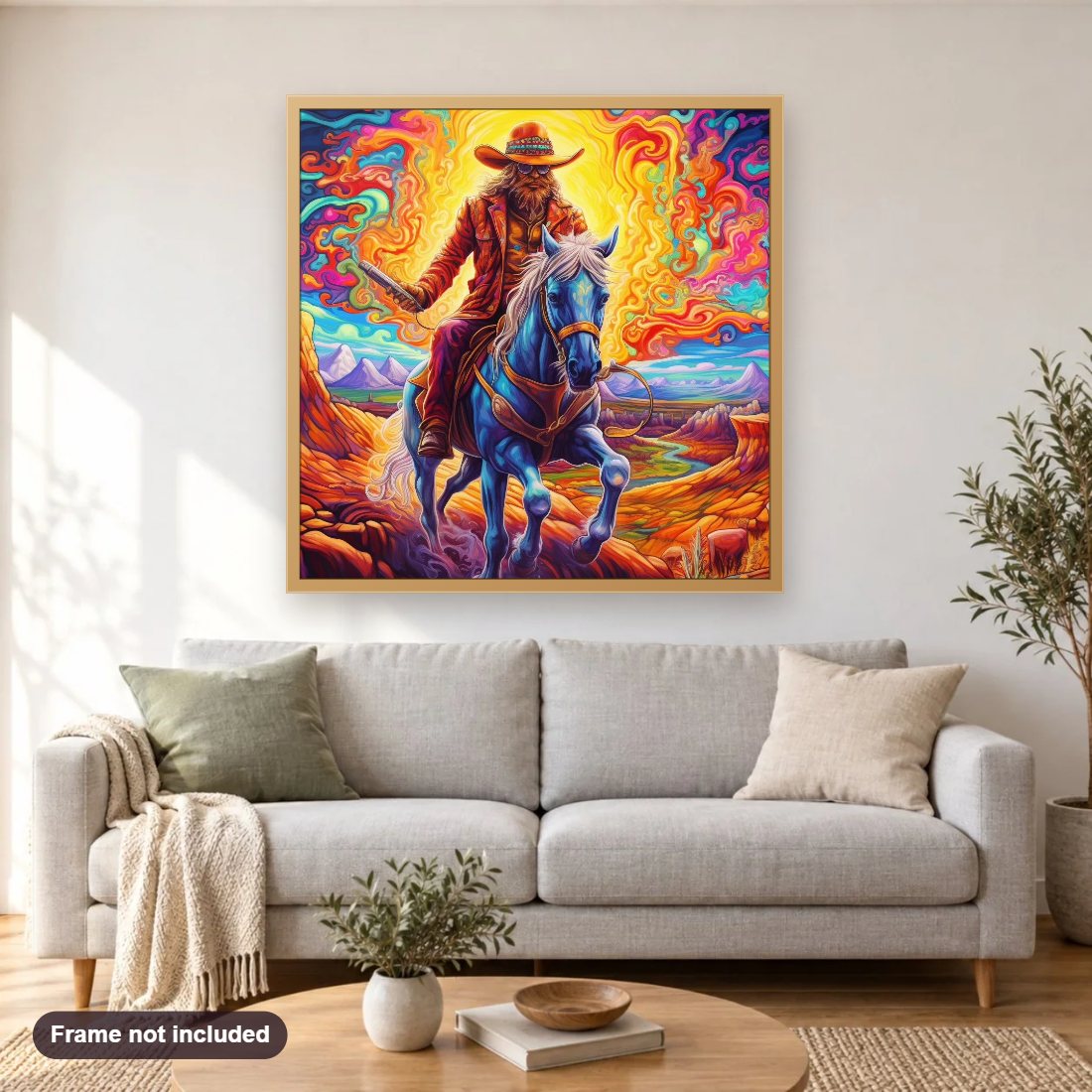 The Explosion of Colors diamond painting shown framed on a living room wall above a sofa