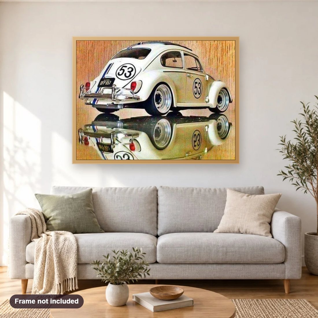 The Famous Herbie VW Beetle car diamond painting shown framed on a living room wall above a sofa