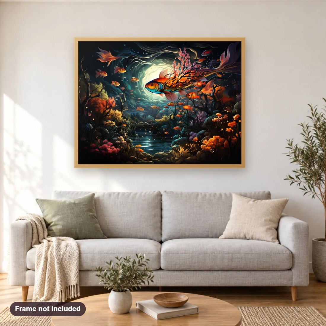 The Fish Queen diamond painting shown framed on a living room wall above a sofa