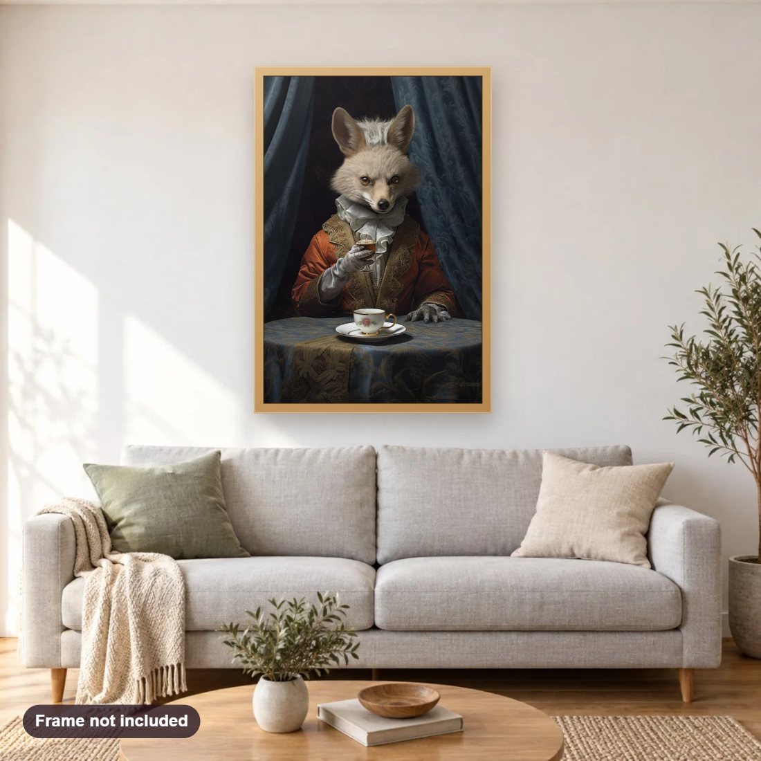 The Fox Portrait diamond painting shown framed on a living room wall above a sofa