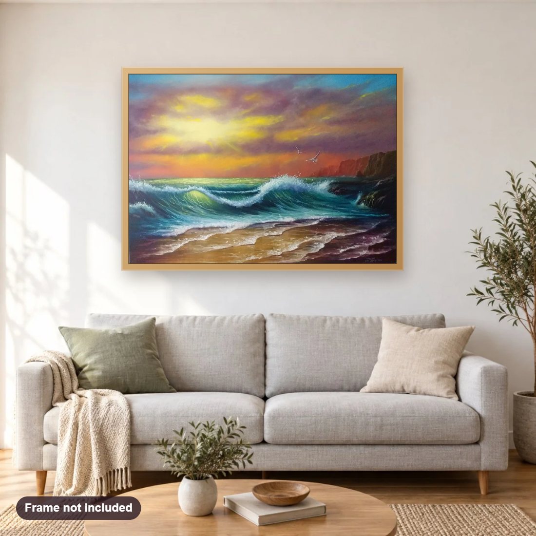 The Glory diamond painting shown framed on a living room wall above a sofa
