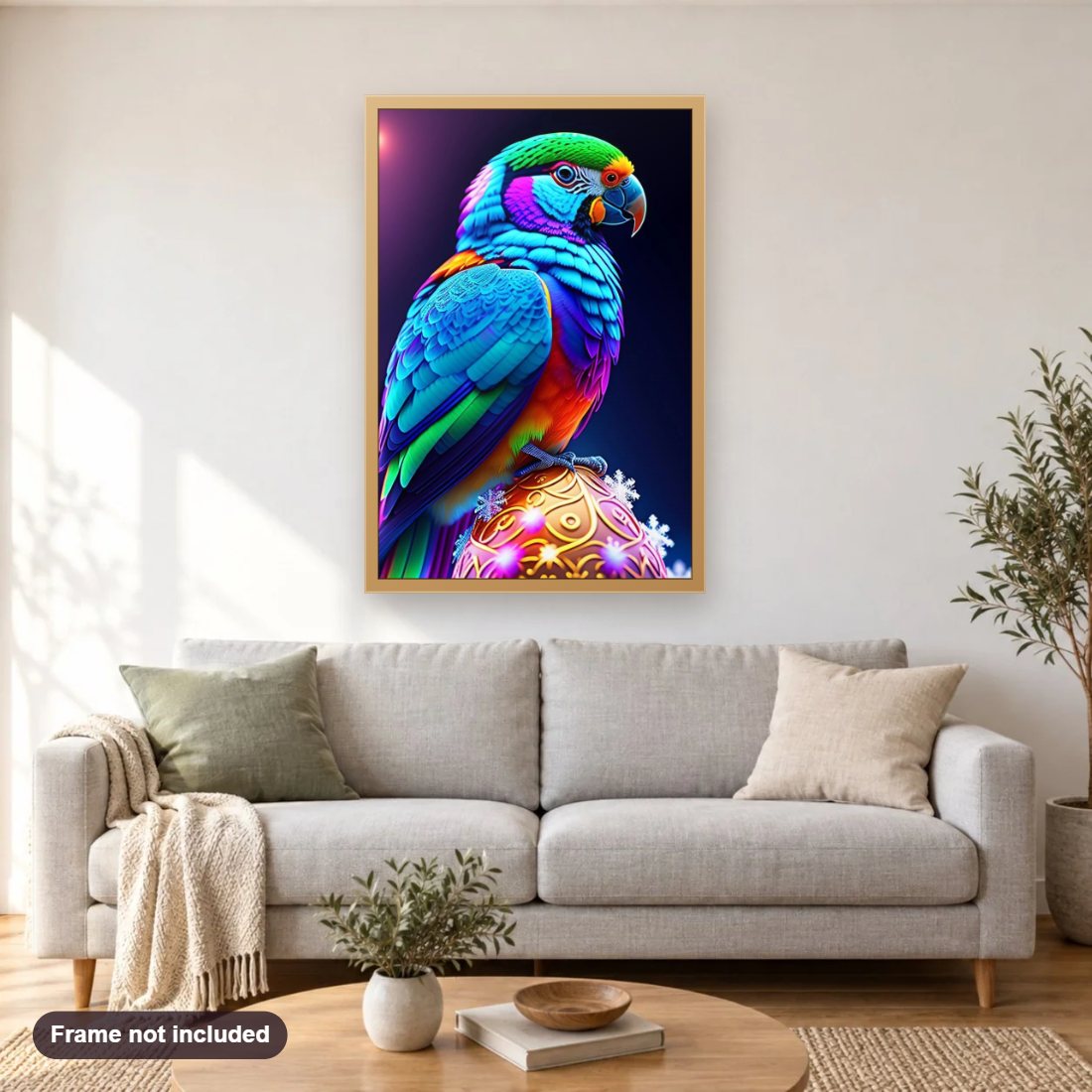 The Guardian of the Golden Egg diamond painting shown framed on a living room wall above a sofa