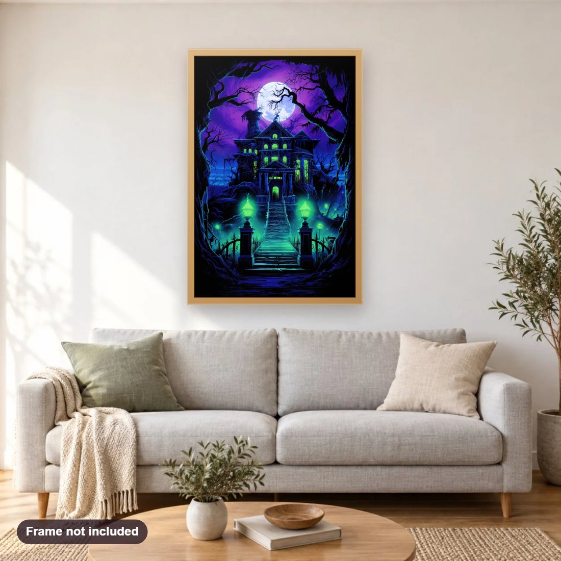 The Haunted House diamond painting shown framed on a living room wall above a sofa