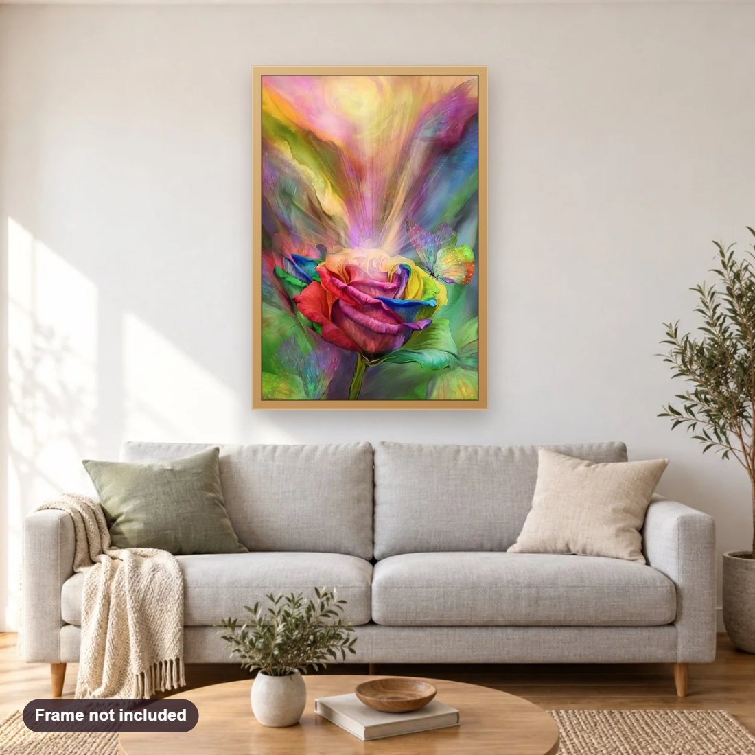 The Healing Rose diamond painting shown framed on a living room wall above a sofa