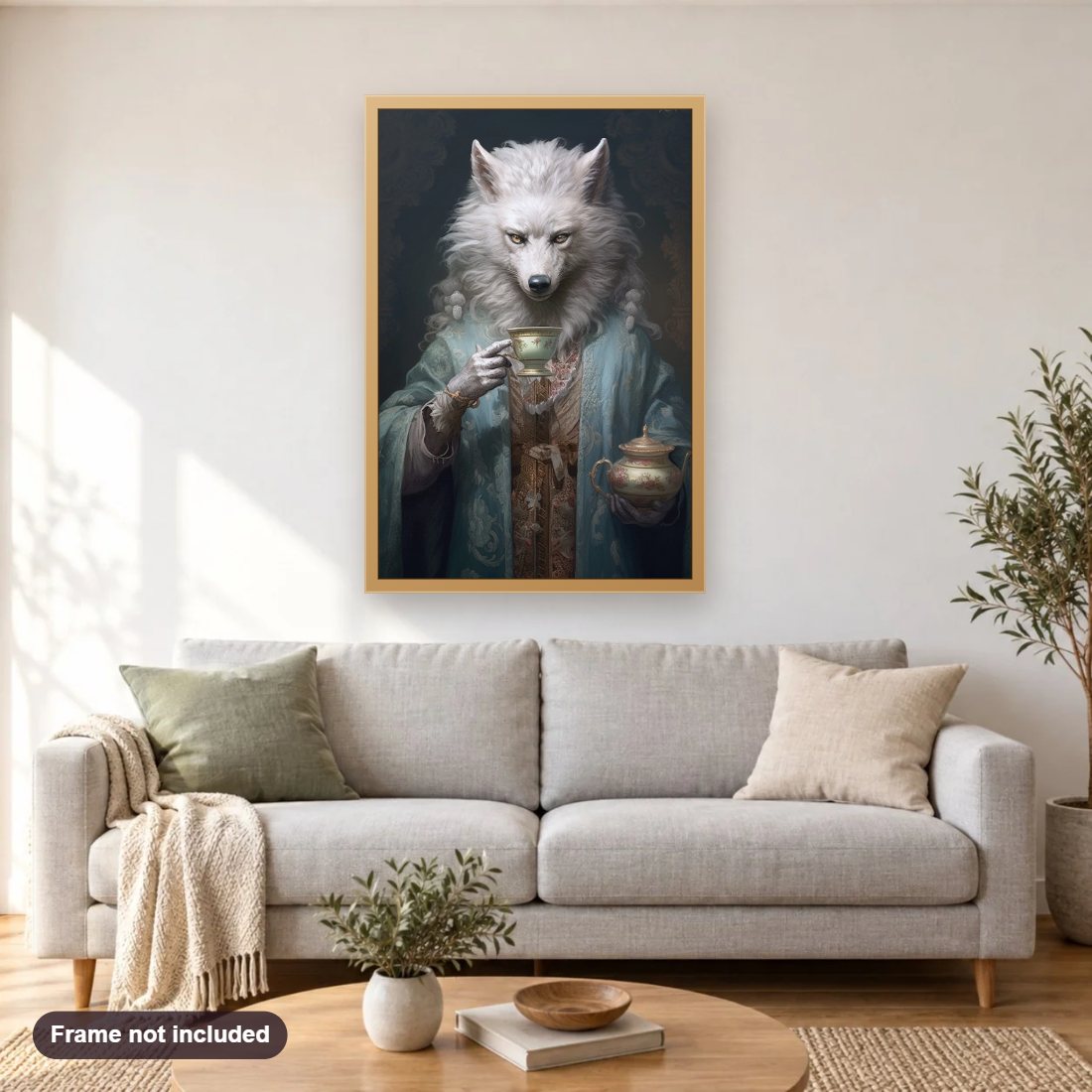 The King of the Wolf Empire diamond painting shown framed on a living room wall above a sofa