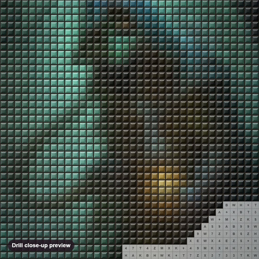 Close-up preview of the The Lantern Monster diamond painting with square 5D drills and printed canvas symbols