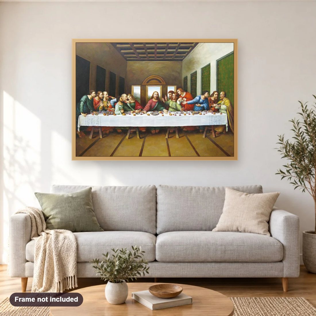 The Last Supper diamond painting shown framed on a living room wall above a sofa