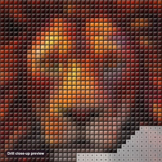 Close-up preview of the The Lion Glowing Guardian diamond painting with square 5D drills and printed canvas symbols
