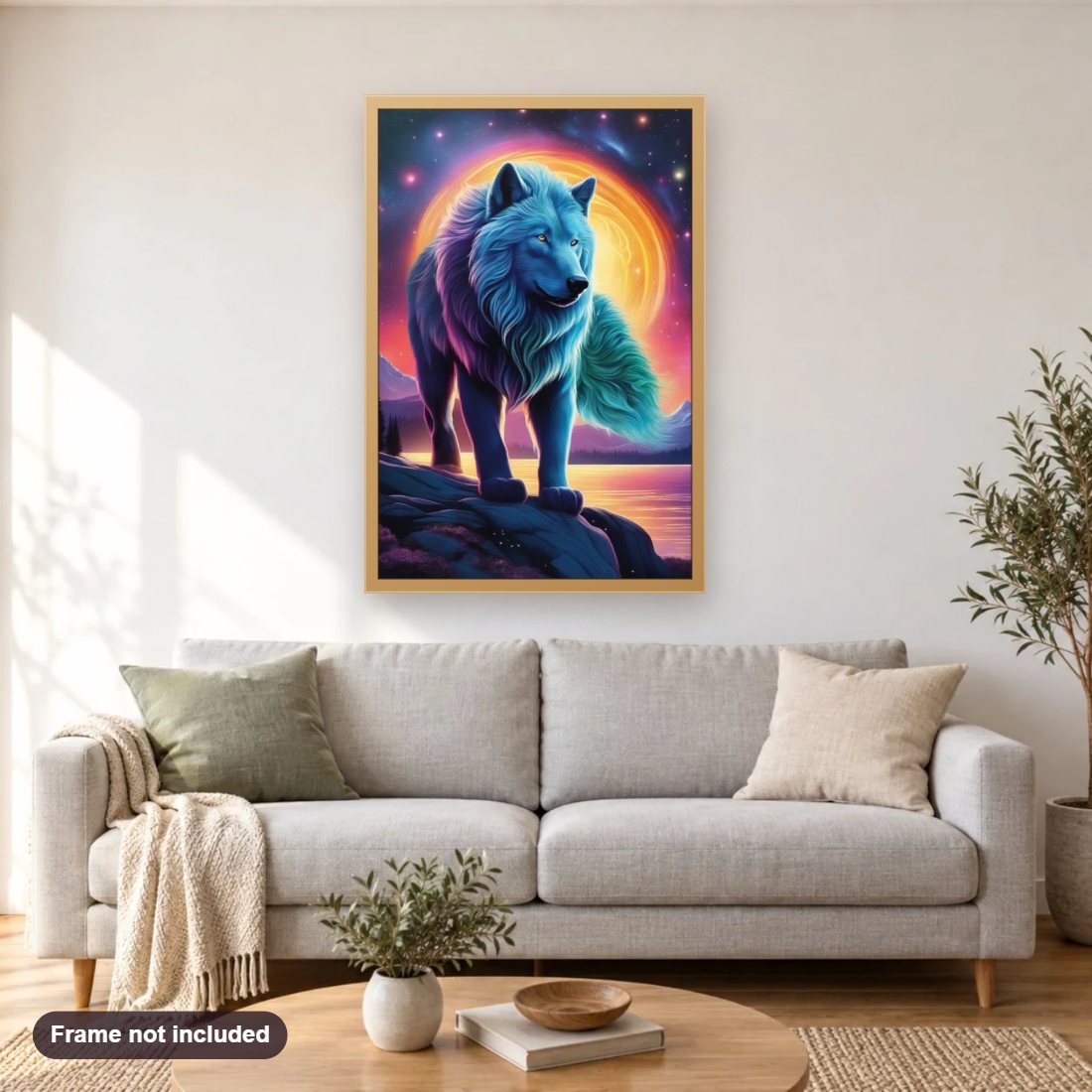 The Magnificent Wolf's Territory diamond painting shown framed on a living room wall above a sofa