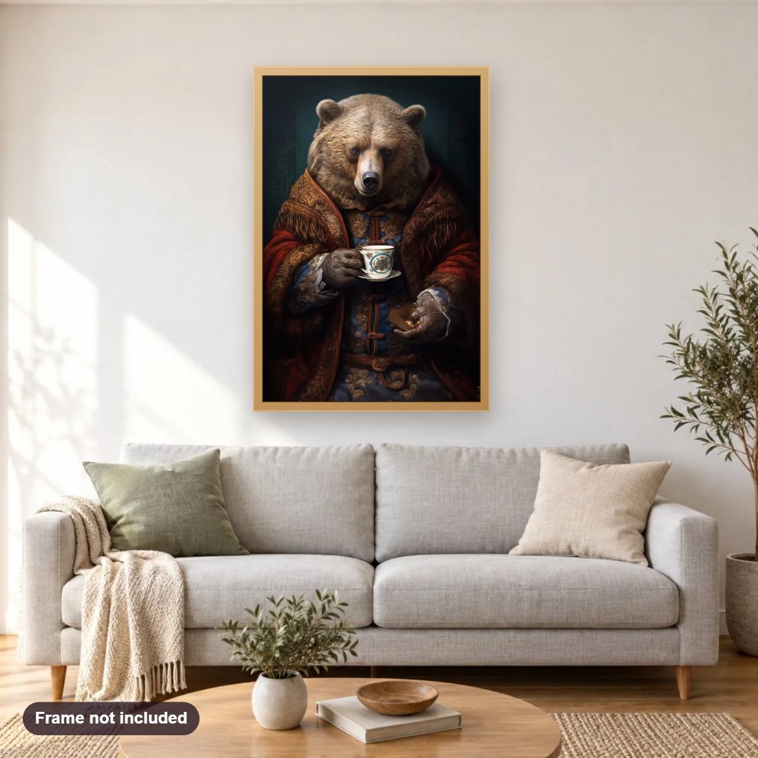 The Majestic Bear Having Coffee diamond painting shown framed on a living room wall above a sofa