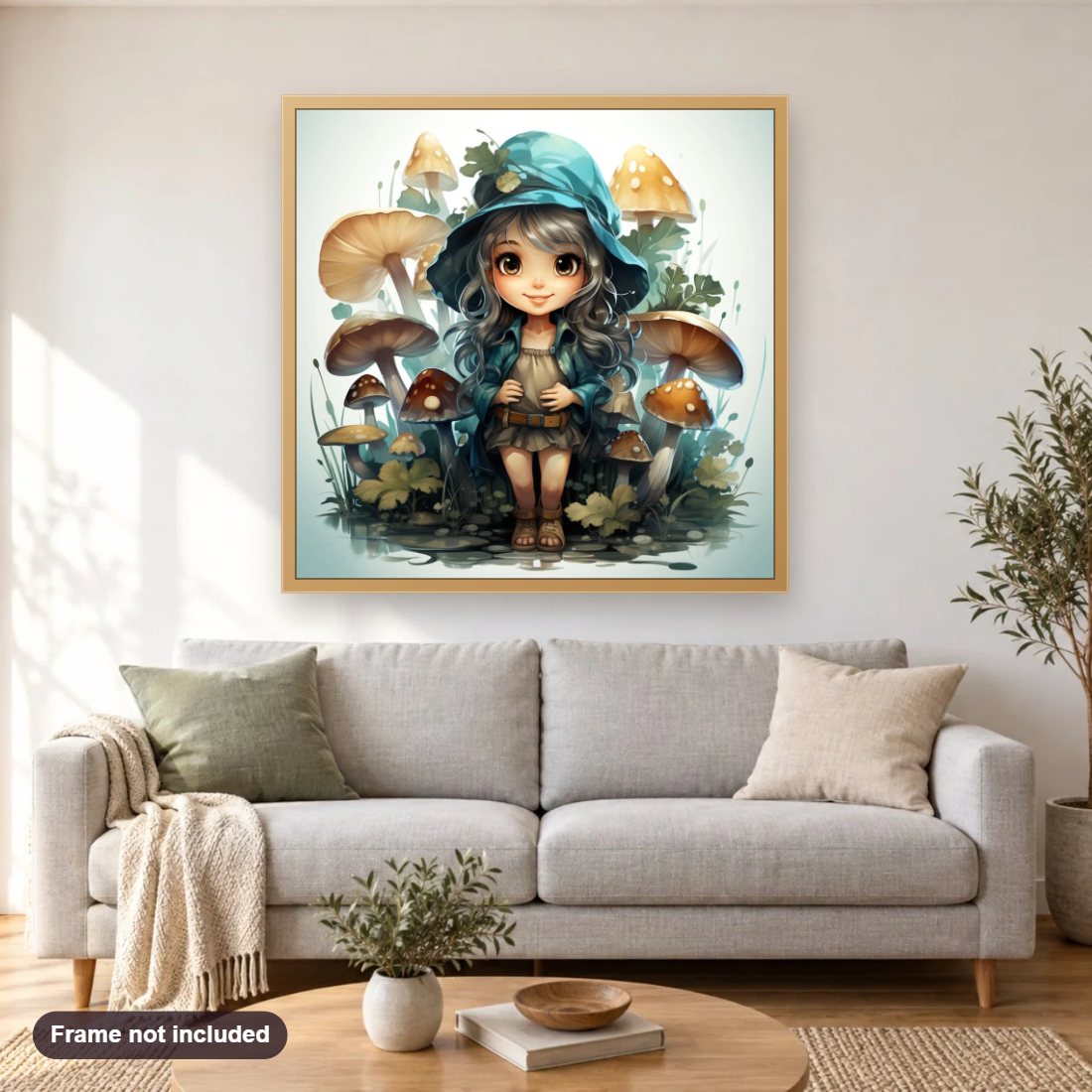 The Mushroom Fairy diamond painting shown framed on a living room wall above a sofa