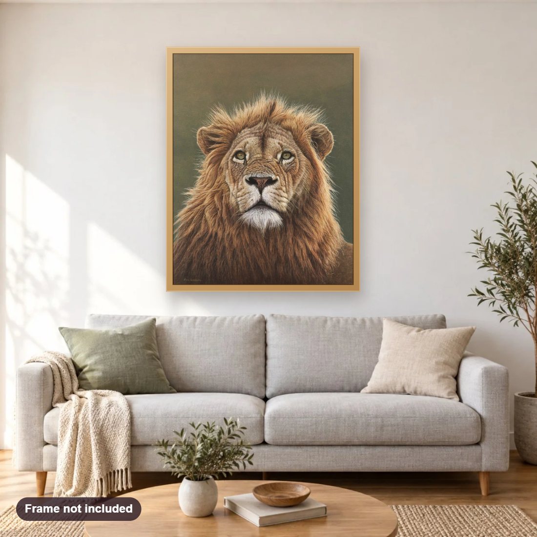 The Night Hunter diamond painting shown framed on a living room wall above a sofa