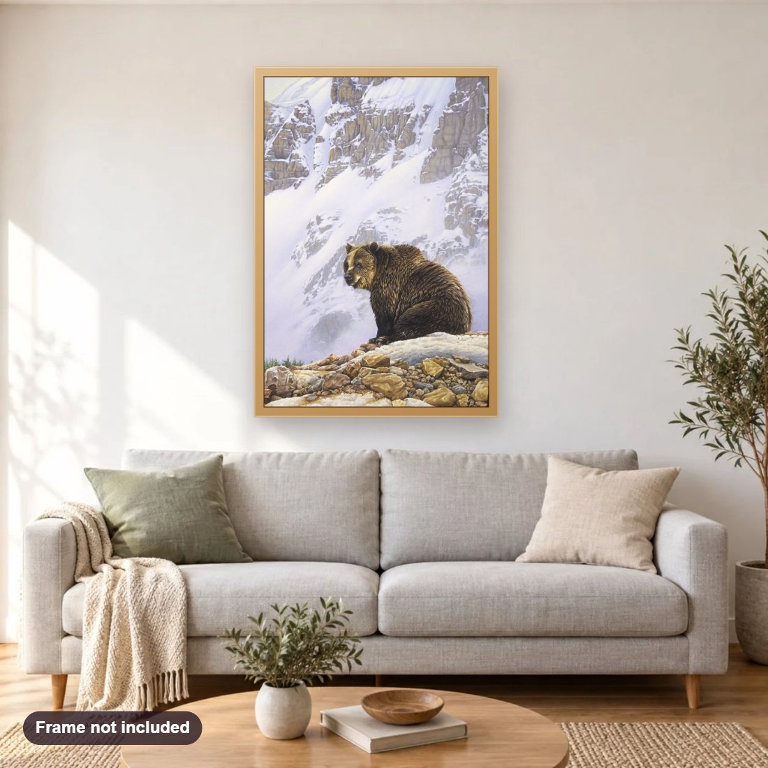 The Old Man of the Mountain diamond painting shown framed on a living room wall above a sofa