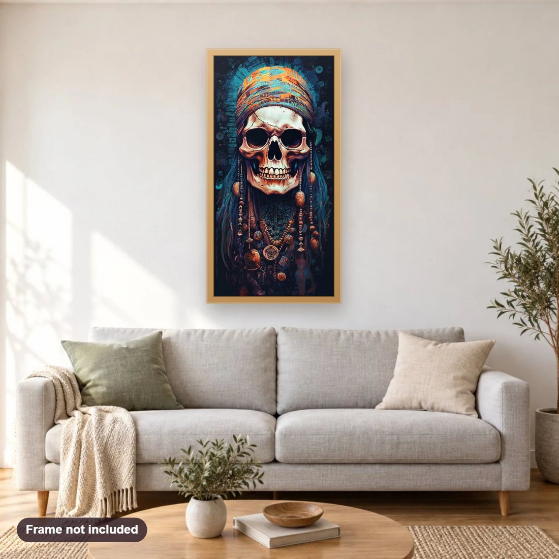 The Pirate Leader diamond painting shown framed on a living room wall above a sofa