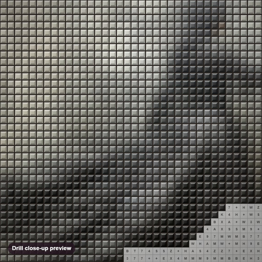 Close-up preview of the The Queen of Darkness diamond painting with square 5D drills and printed canvas symbols