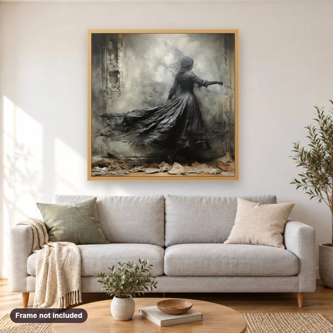 The Queen of Darkness diamond painting shown framed on a living room wall above a sofa