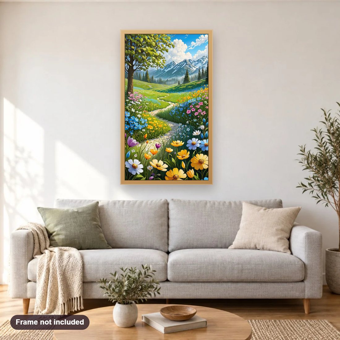The Radiance of the Magical Landscape diamond painting shown framed on a living room wall above a sofa