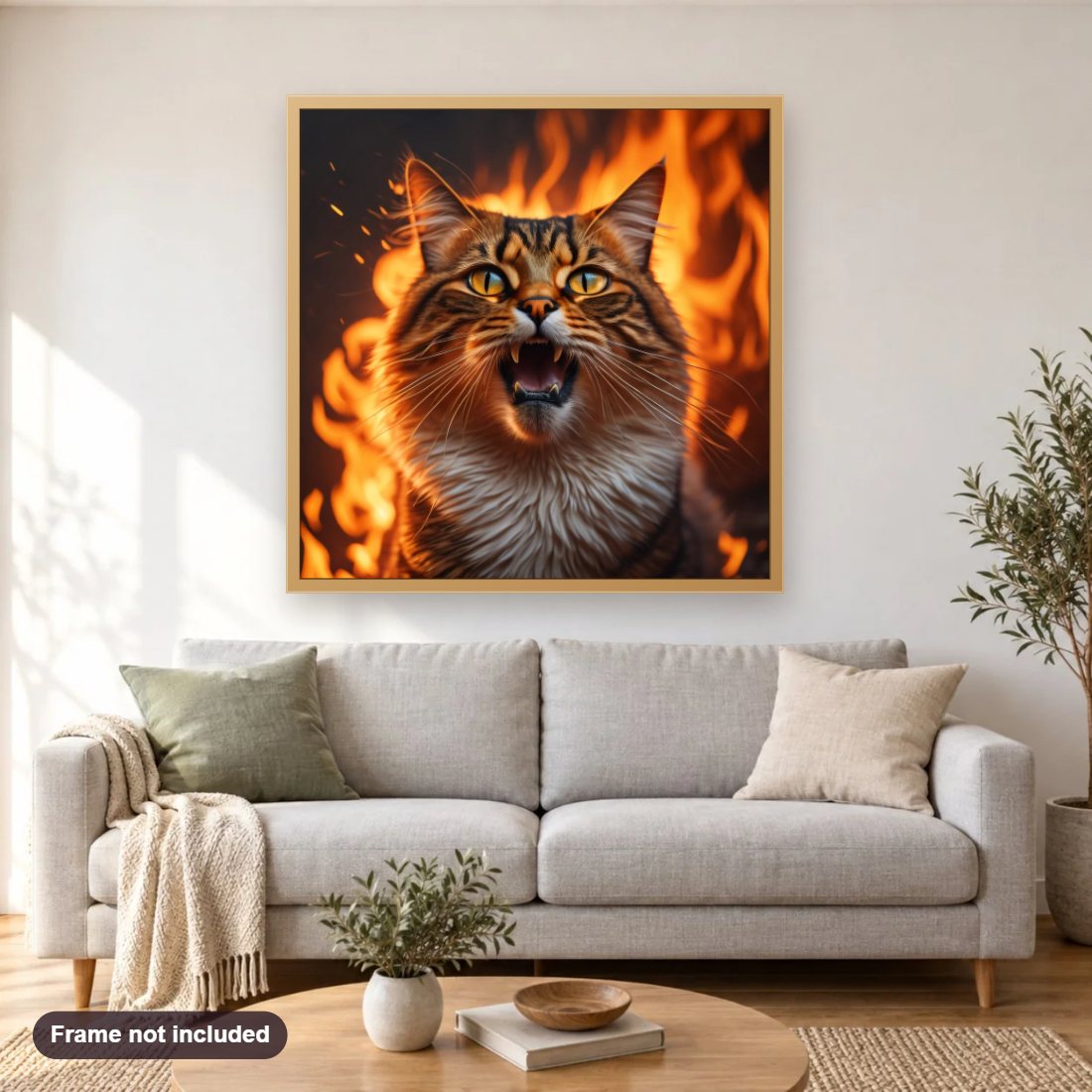 The Roaring Cat diamond painting shown framed on a living room wall above a sofa