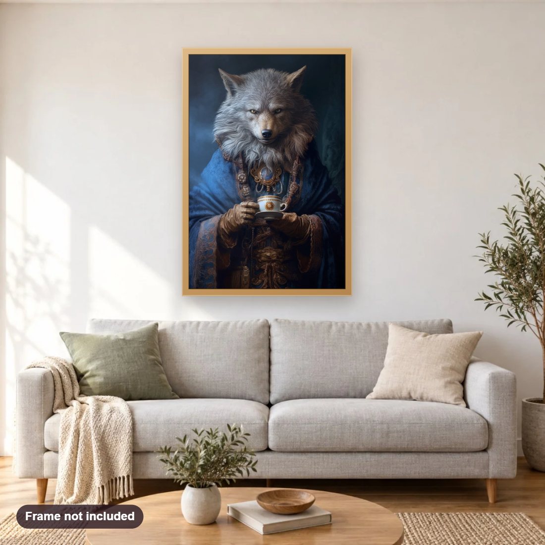 The Royal Wolf diamond painting shown framed on a living room wall above a sofa