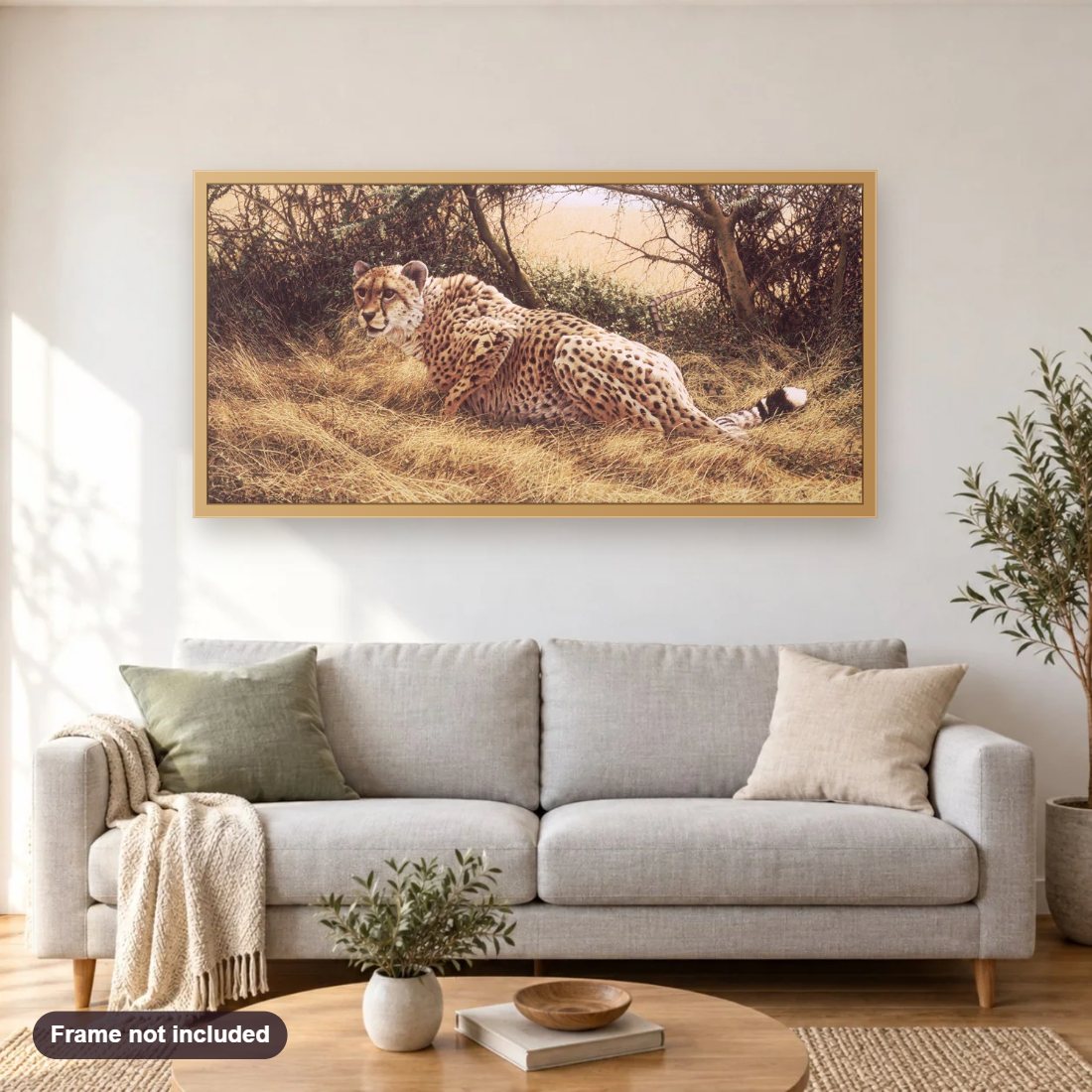 The Scent of Lions diamond painting shown framed on a living room wall above a sofa